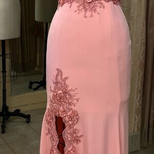 Elegant one of a kind coral Peach Lace Evening Gown